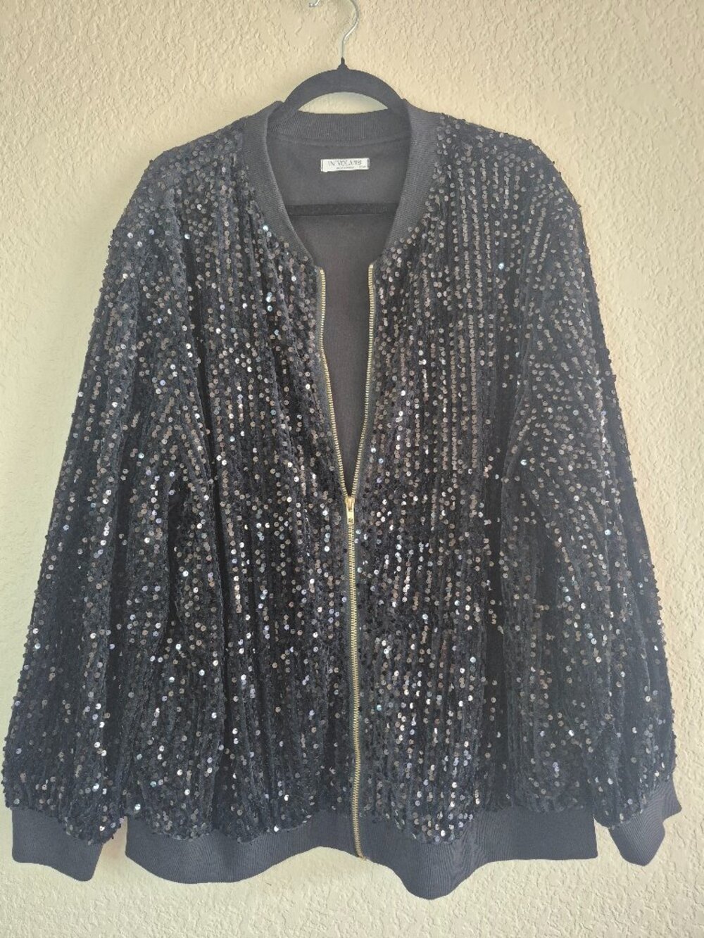 In'Voland Black Sequin Bomber Jacket Plus Size 20W Gold Zip Pocketed
